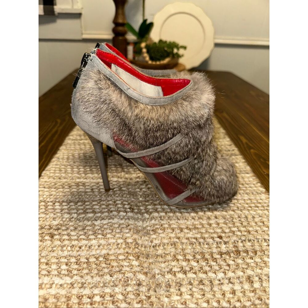 Charles Jourdan Paris Gray Rabbit Fur Mesh Peep Toe Stiletto Booties Heels 8